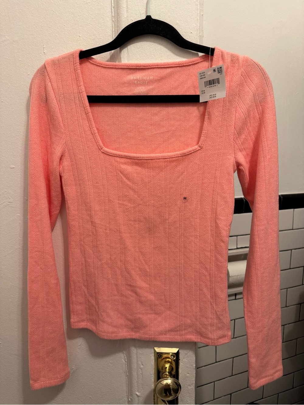 NWT American Eagle Outfitters Coral Pink Ribbed Square-Neck Long Sleeve Top